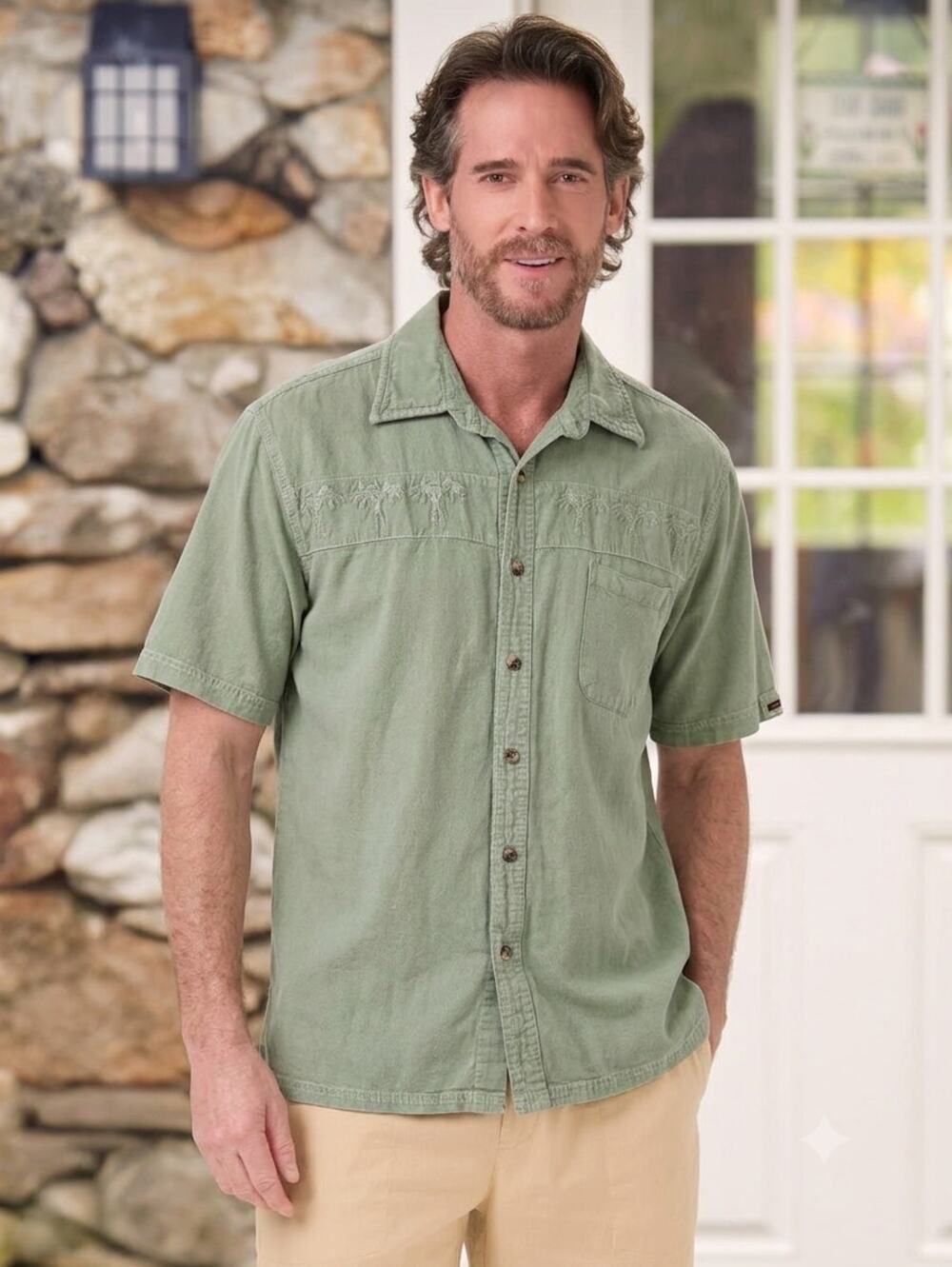 Scully Farthest Point Peruvian Cotton Palm Tree Camp Shirt Mens L Green Summer